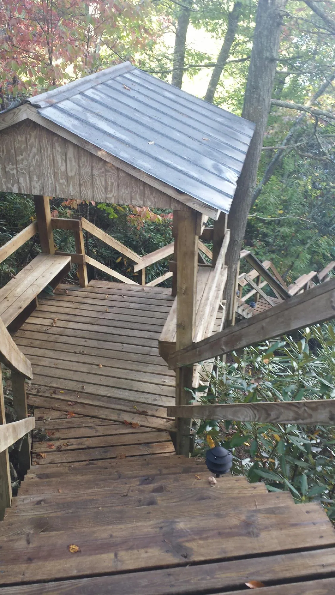 Metal roofed shelter over wooden steps on a wooded walkway — Skylight Repair & Installation work by our crew in Cowlesville